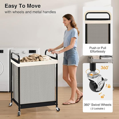 STO STO 120L Large Laundry Hamper with Wheels, Rolling Laundry Basket Cart with Removable Canvas Liner Bag, Lockable Wheels, Metal Frame, Dirty Clothes Hamper for Bedroom, Bathroom, Laundry Room
