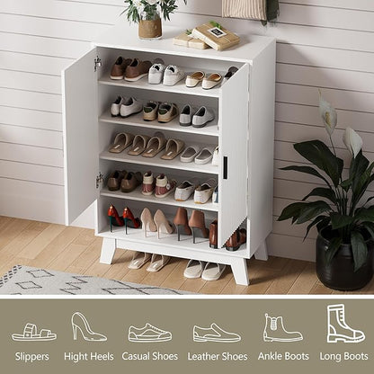 Shoe Cabinet Storage for Entryway, 5 Tier Fluted Shoe Storage Cabinet with Wooden Legs, Narrow Hidden Shoe Organizer with Adjustable Shelves, Freestanding Shoe Rack for Entryway, Hallway, White