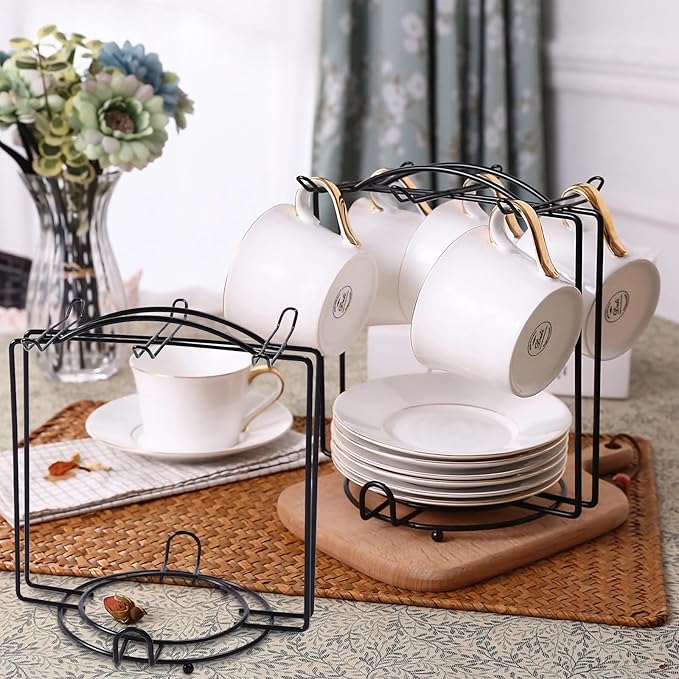 Coffee Cup Holder,Metal Tea Cups Coffee Mug Rack,Organizer for Coffee Cup Spoon and Saucers (Black)