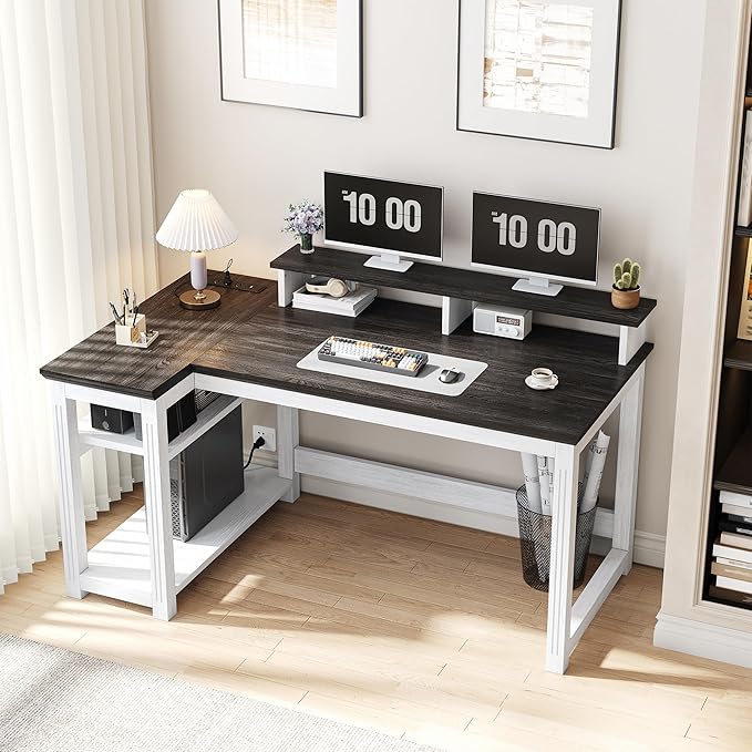 EnHomee 47.3" Computer Desk with Monitor Stand & LED Lights, Farmhouse Office Desk with Power Outlet & Storage Shelves for Home Office, Wood Computer Table for Bedroom Work, Metal Frame,White
