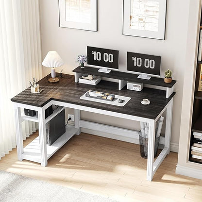 EnHomee 47.3" Computer Desk with Monitor Stand & LED Lights, Farmhouse Office Desk with Power Outlet & Storage Shelves for Home Office, Wood Computer Table for Bedroom Work, Metal Frame,White