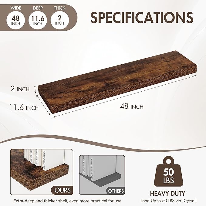 Acovy 48 Inch Floating Shelves, 12" Deep Floating Shelf Wall Mounted, 48" Wall Shelves, Rustic Deep Bookshelf, Extra Deeper & Thicker Display Shelves for Bedroom, Living Room, Brown, Set of 2