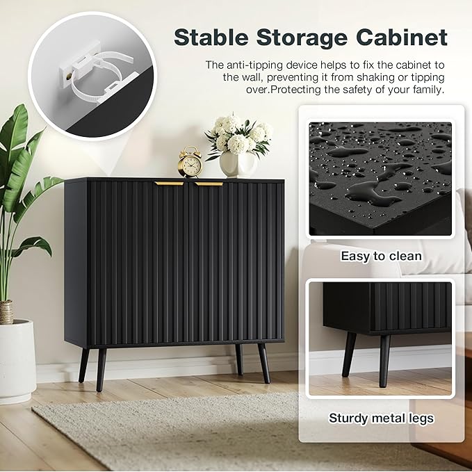 Modern Storage Cabinet, Black Sideboard and Buffet Storage, Wood Accent Cabinet for Living Room, Hallway, Entryway, Dining Room (1, Black+Gold)