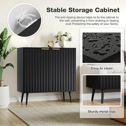 Modern Storage Cabinet, Black Sideboard and Buffet Storage, Wood Accent Cabinet for Living Room, Hallway, Entryway, Dining Room (1, Black+Gold)