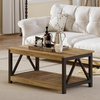 ChooChoo Farmhouse Coffee Table with 2-Tier Storage, 40-Inch Rectangular Wooden Center Table for Living Room, Rustic Oak & Black