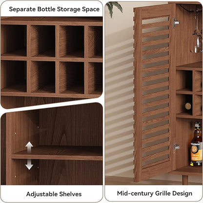 Mid Century Bar Cabinet with Wine Racks, Modern Liquor Cabinet with Slatted Doors for Dining Room, Living Room (Walnut Color)