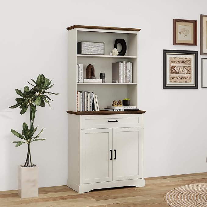 White Bookshelf with Drawers , 5-shelf Tall Bookcase with Doors, 15" Multi Depth Storage Cabinet with Adjustable Shelves, Large Bookcases for Home Office, Living Room & Bedroom, Large Storage Cabinet