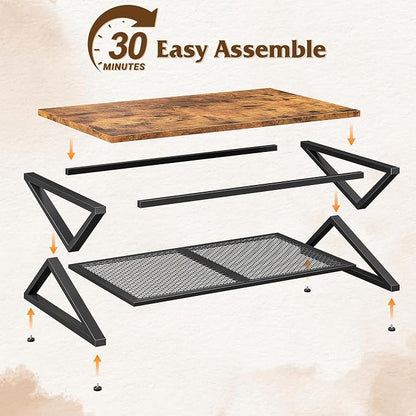 EnHomee Rustic Coffee Table with Storage, Farmhouse Coffee Table with Mesh Shelf, 2 Tier Rectangular Center Table for Living Room, Home Office, 47.2 Inch, Rustic Brown
