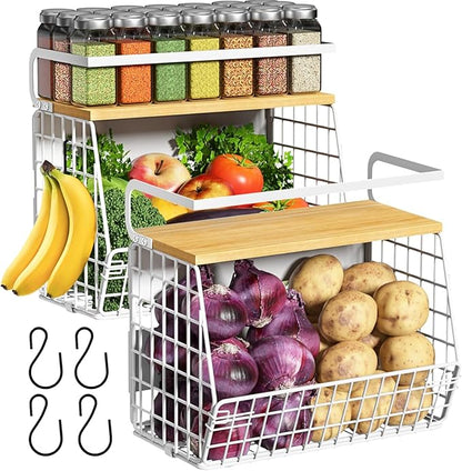 Ofiray-home Magnetic Fridge Shelf with Wood Lid, Fruit Potato Onion Storage Bins, Pantry Organizers, Large Container Spice Rack for Refrigerator, Kitchen Counter, Cabinet (2, White)