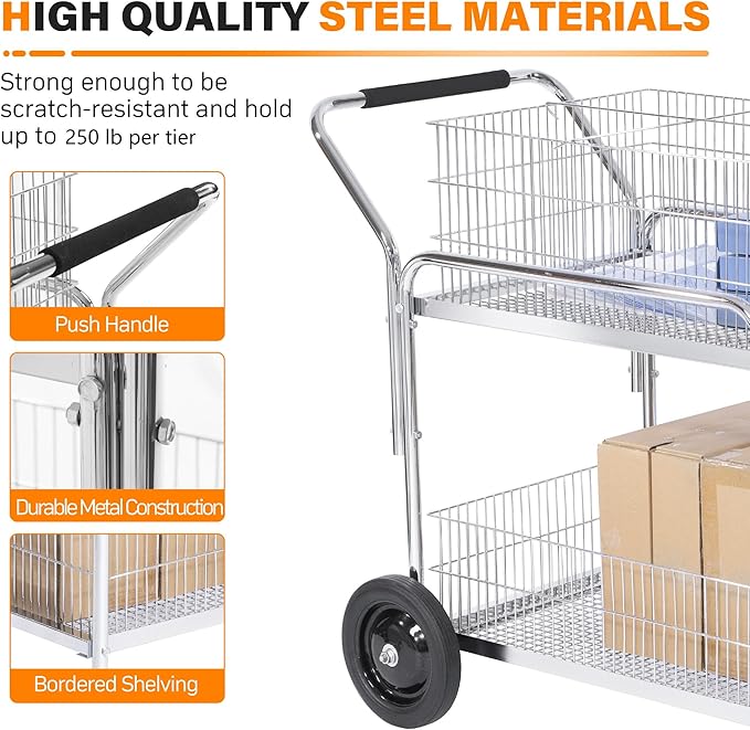 GAMINA KAVISI Mail Office File Cart, 400lb Capacity Heavy Duty Steel File Organizer Cart, 2 Shelf Basket Wire Office File Cart for Offices, Home, Warehouse，Court.