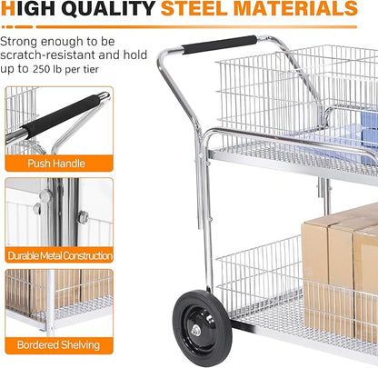 GAMINA KAVISI Mail Office File Cart, 400lb Capacity Heavy Duty Steel File Organizer Cart, 2 Shelf Basket Wire Office File Cart for Offices, Home, Warehouse，Court.