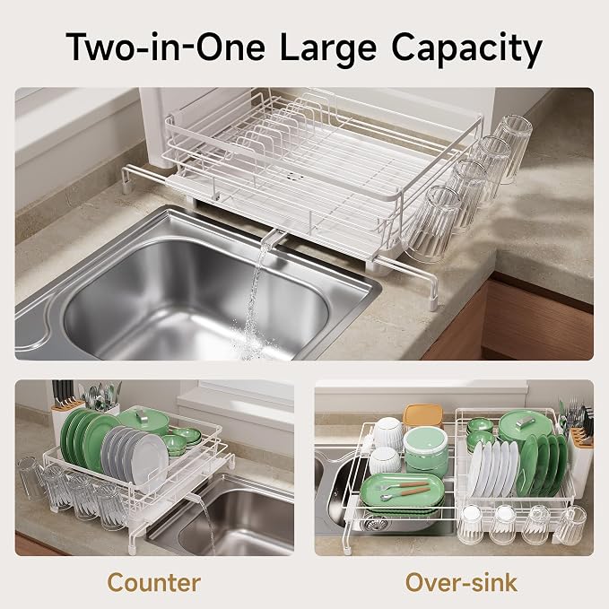 Runnatal Dish Drying Rack, Extendable Dish Rack Over Sink, Large Stainless Steel Dish Strainer with Drainboard, Utensil Holder & Cup Holder for Kitchen Counter, White