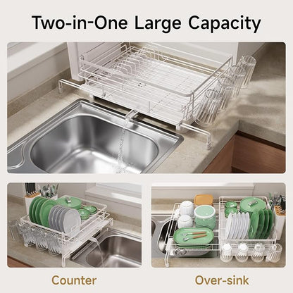 Runnatal Dish Drying Rack, Extendable Dish Rack Over Sink, Large Stainless Steel Dish Strainer with Drainboard, Utensil Holder & Cup Holder for Kitchen Counter, White