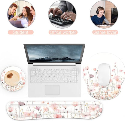 Ergonomic Mouse Pad with Wrist Rest and Keyboard Wrist Rest, Mousepad and Wrist Rest for Computer Keyboard, Non-Slip Rubber Base, Mouse Pad Wrist Support for Gaming, Office, Pink Watercolor Flower
