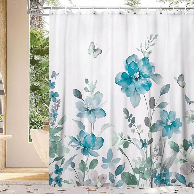 Turquoise Blue Floral Shower Curtain, Turquoise Blue Lavender Floral Butterfly Boho Shower Curtains for Bathroom, Farmhous Flower Cute Fabric Shower Curtain Set with 12PCS Hooks, 60X70IN