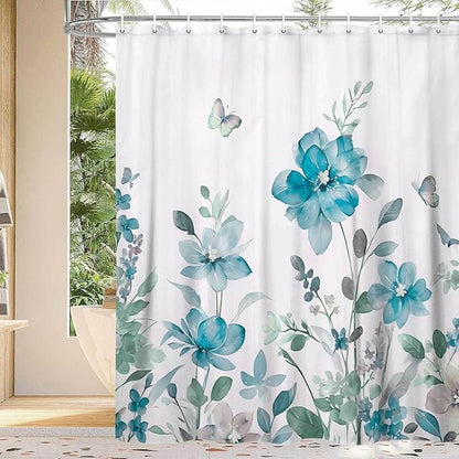 Turquoise Blue Floral Shower Curtain, Turquoise Blue Lavender Floral Butterfly Boho Shower Curtains for Bathroom, Farmhous Flower Cute Fabric Shower Curtain Set with 12PCS Hooks, 70X85IN