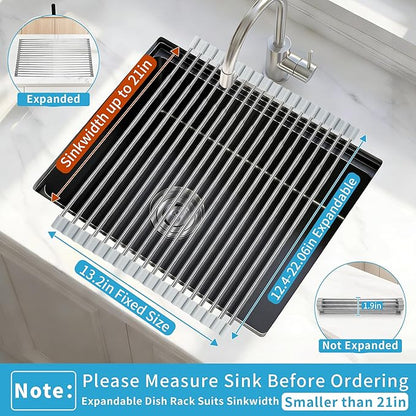 Expandable Roll-UP Dish Drying Rack-Large 304 Stainless Steel Dish Drainer Over The Sink for Kitchen Countertop,Extendable for Most Kitchen Sinks (Silver,22.08'x 13.2')