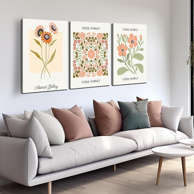 SKYRISE 3 PCS Boho Floral Canvas Wall Art, Rustic Botanical Canvas Paintings Prints ArtWork for Living Room, Vintage Flower Pictures for Farmhouse Dining Room Hallway Bedroom Wall Decor 24"x36"