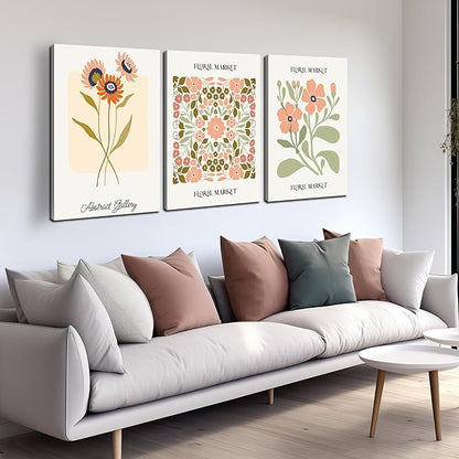 SKYRISE 3 PCS Boho Floral Canvas Wall Art, Rustic Botanical Canvas Paintings Prints ArtWork for Living Room, Vintage Flower Pictures for Farmhouse Dining Room Hallway Bedroom Wall Decor 24"x36"