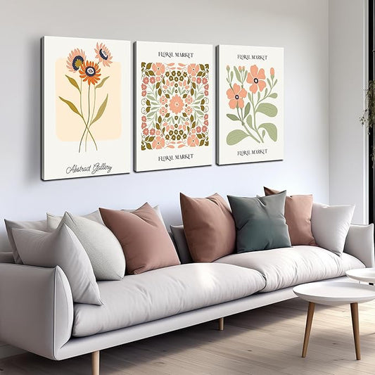 SKYRISE 3 PCS Boho Floral Canvas Wall Art, Rustic Botanical Canvas Paintings Prints ArtWork for Living Room, Vintage Flower Pictures for Farmhouse Dining Room Hallway Bedroom Wall Decor 24"x36"