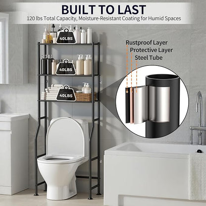 3-Tier Over The Toilet Storage, Freestanding Metal Bathroom Shelves, Space Saver Above The Over Toilet Storage Shelf for Bathroom (Black)