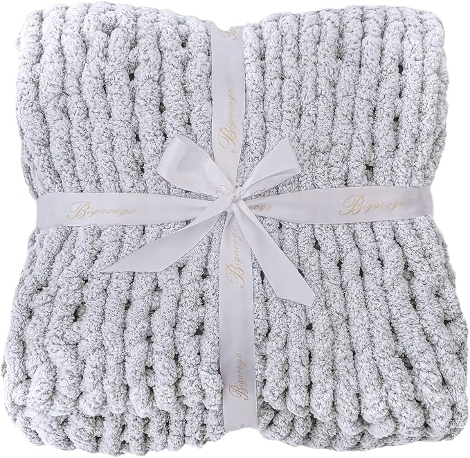 Bigacogo Chunky Knit Throw Blanket for Couch, 40x40 inches, 100% Hand Knitted with Thick Jumbo Chenille Yarn, Cozy Soft Large Rope Knot Cable Crochet Blankets for Sofa Bed Living Room, Light Grey