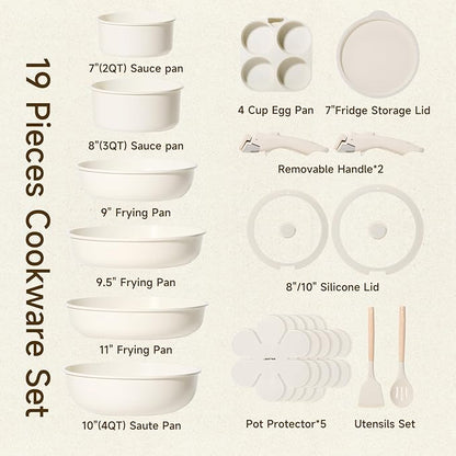 JEETEE Pots and Pans Set Non Stick 19pcs, Kitchen Cookware Sets with Detachable Handle, Induction Nonstick Cookware Set with Removable Handle, Stackable RV Cookware, Oven Safe, PFAS/PFOA Free, Beige