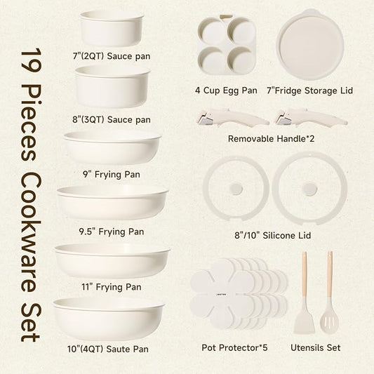 JEETEE Pots and Pans Set Non Stick 19pcs, Kitchen Cookware Sets with Detachable Handle, Induction Nonstick Cookware Set with Removable Handle, Stackable RV Cookware, Oven Safe, PFAS/PFOA Free, Beige
