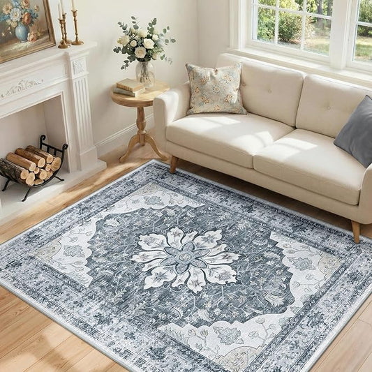 RELEANY Area Rugs 4'x6' Washable Non-Slip, Floral Vintage Distress Medallion Carpet for Living Room Bedroom Dining Room, Light Gray Grey White