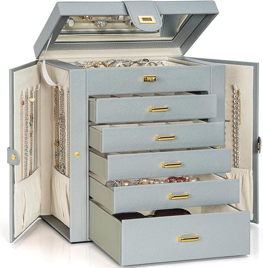 AKOZLIN 6-Tier Jewelry Box Organizer Functional 5 Drawers Leather Jewelry Storage Case for Women Girls Ring Necklace Earring Bracelet Holder Organizer with Mirror Extra Large Grey