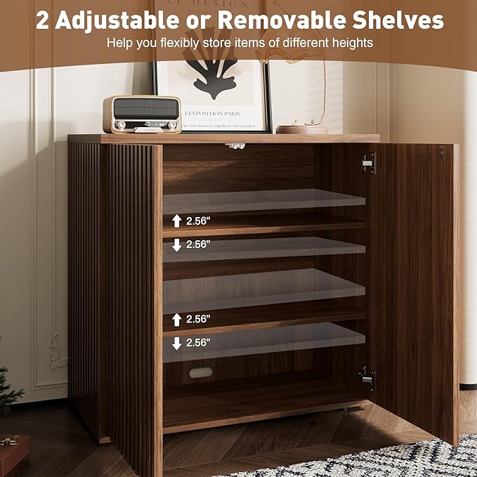 Rophefx Fluted Sideboard Cabinet, Buffet Cabinet with Storage, Credenza Storage Cabinets with Adjustable Shelf, Wood Entryway Cabinets with Pop-up Doors for Living Room, Entryway, Hallway, Walnut