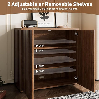 Rophefx Fluted Sideboard Cabinet, 63" Buffet Cabinet with Storage, Credenza Storage Cabinets with Adjustable Shelf, Wood Entryway Cabinets with Pop-up Doors for Living Room, Entryway, Hallway, Walnut