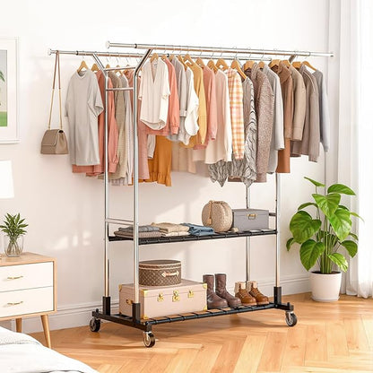Luxspire Heavy Duty Clothes Rack Load 650 LBS, Double Rod Clothing Racks for Hanging Clothes, Rolling Garment Racks with Lockable Wheels, Shelves, Adjustable Laundry Hanging Rack, Silver
