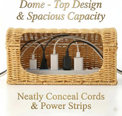 Cable Management Box, Handwoven Rattan Cable Organizer, Cord Organizer Box to Hide Cords & Power Strip, Boho Wire Hider Basket for Home Office, Dome Cover, Natural