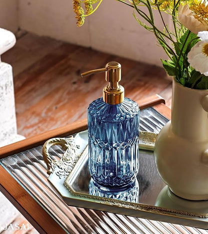 JASAI 18Oz Blue Glass Soap Dispenser with Golden Pump, Refillable Bathroom soap Dispenser with Thick Glass, Clear Kitchen Soap Dispenser for Dish Soap, Hand soap, Lotion.(Blue)