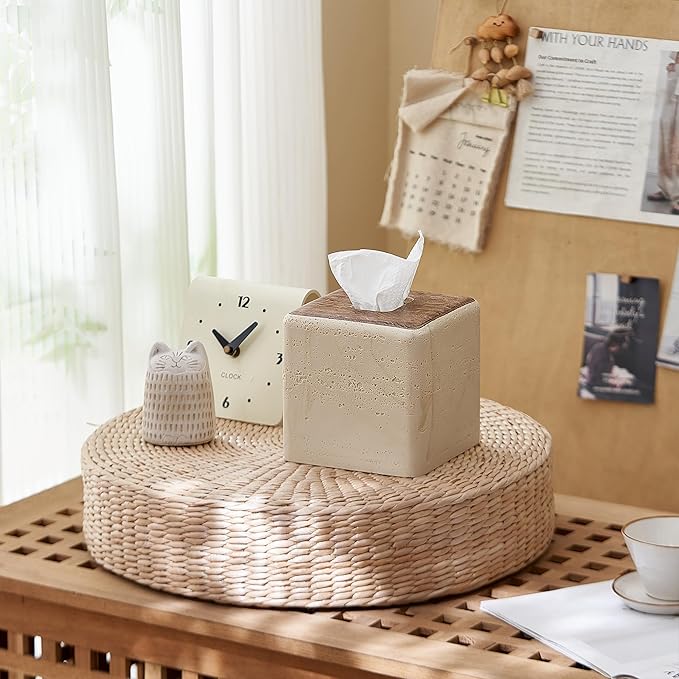 Natural Travertine & Wood Textures Tissue Box Cover Square for Home Decor,Resin Heavy Tissue Box Holder for Bathroom Countertop,Tabletop,Bedside Table,Office (Handmade of Resin)
