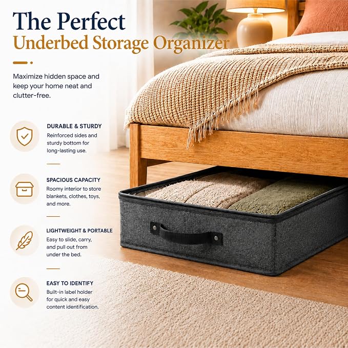 HOMELUX THEORY 2pc Low Profile Under Bed Storage Containers, Thin Under Couch Storage Organizer with Bins & Lids, Underbed Storage Box Ideal for Seasonal Clothes, Blankets, Fabric & Shoes (Dark Gray)