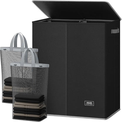 SOLEDI Double Laundry Hamper with Lid and Removable Laundry Bags,Divided Laundry Bin - Large Clothes Hamper 2 Section - Collapsible Laundry Baskets for Bedroom, Bathroom, Laundry Room,Black