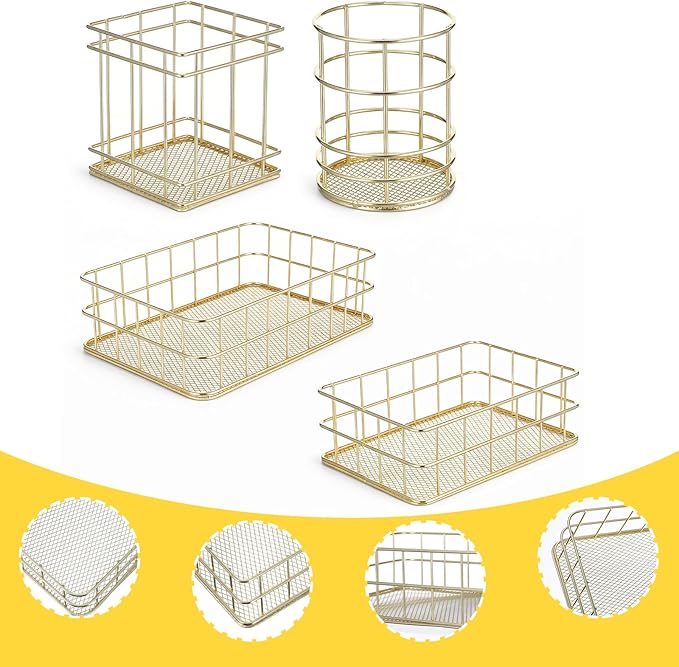 Gold Basket Set with 2 Pen Holders - 4Pcs Metal Mesh Desktop Organizer for Office, Bathroom, Vanity & Home Decor, Storage Solution for Stationery, Makeup, Files (Large & Small Sizes)