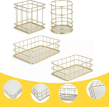 Gold Basket Set with 2 Pen Holders - 4Pcs Metal Mesh Desktop Organizer for Office, Bathroom, Vanity & Home Decor, Storage Solution for Stationery, Makeup, Files (Large & Small Sizes)