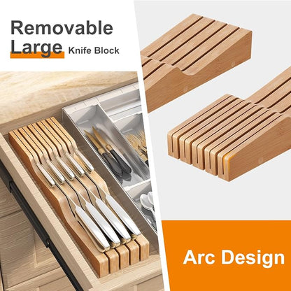 In-Drawer Knife Block Organizer - Bamboo Wood Drawer Knife Organizer-Protecting Knife Organizer Block (Not Included) (Natural, 9 Knives Dock)