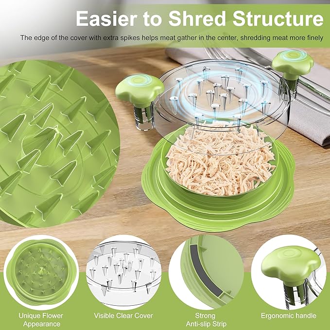 SURETIVIAN Chicken Shredder Tool Twist Large Chicken Breast Shredder with Brush&Fork, Visible Meat Shredder Machine, Anti-Slip Strip, Ergonomic Handle, BPA Free, Suitable for Pork Beef Chicken(Matcha)