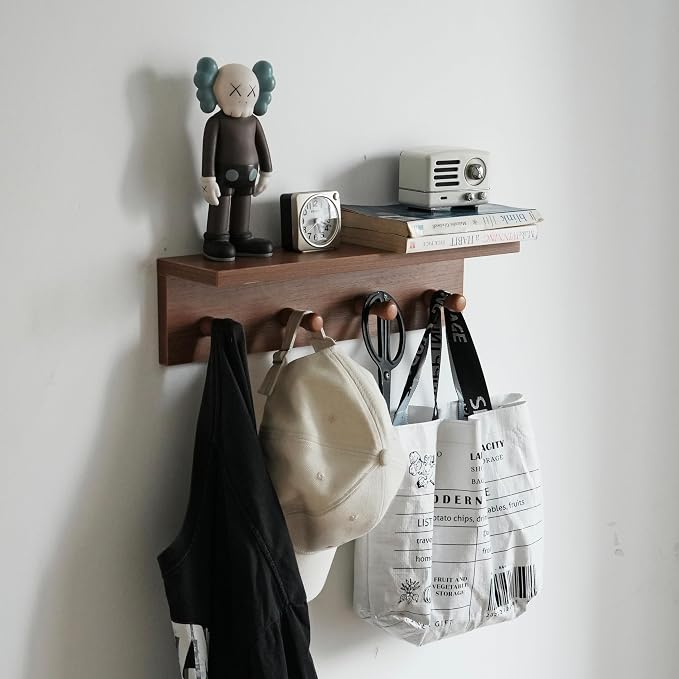Entrance Coat Rack ，Coat Hooks, Wall-Mounted Wooden Hook Rack, Wall-Mounted Shelves are Very Suitable (Teak Colored Finish—A-1)