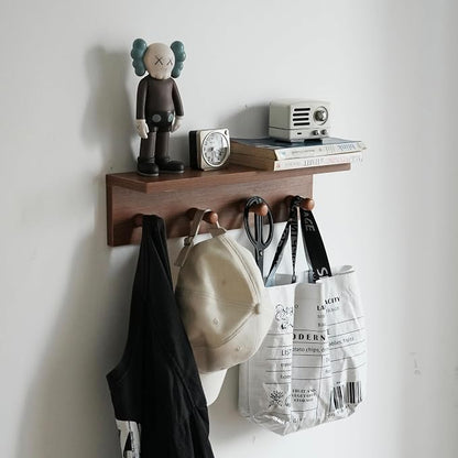 Entrance Coat Rack ，Coat Hooks, Wall-Mounted Wooden Hook Rack, Wall-Mounted Shelves are Very Suitable (Teak Colored Finish—A-1)