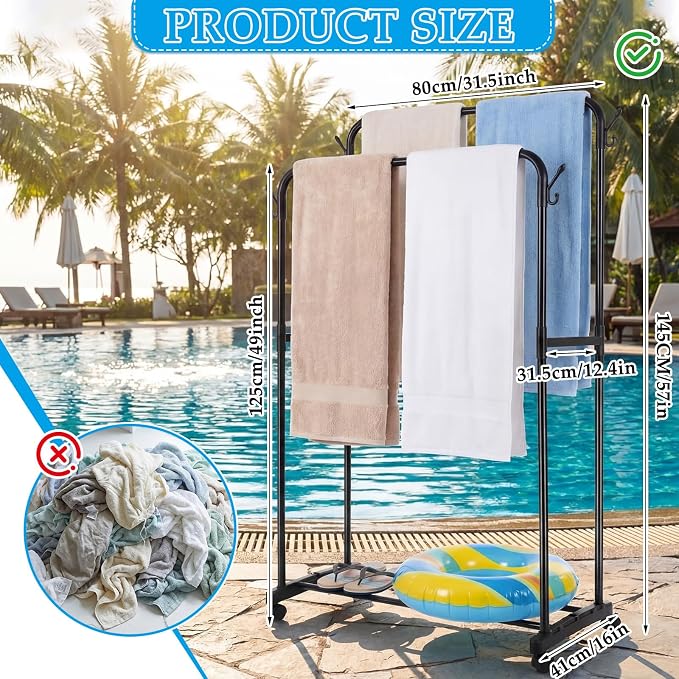 57" H Pool Towel Rack with Wheels for Outdoor 2-Tier Free Standing Towel Drying Rack Metal Heavy Duty Bathroom Pool Accessory Blanket Ladder Storage for Outdoor Spa Bathroom