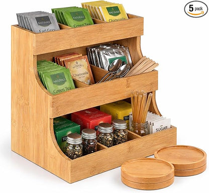 Tea bag organizer with 3-tier storage & 4 matching coasters. Fully assembled. Deluxe bamboo tea organizer for tea bags, coffee pods, condiments and pantry organization. Holds up to 180 tea bags.