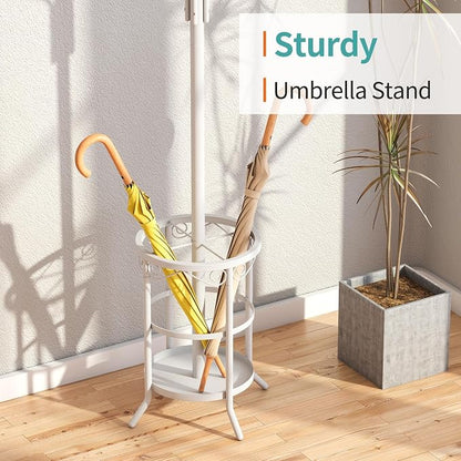 Coat Rack with Umbrella Holder, White Metal Coat Rack Stand with 12 Hooks, for Entryway, Hallway, Living Room, Bedroom