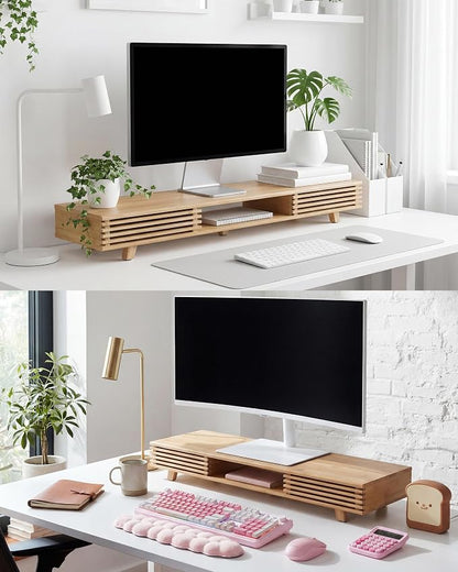 Bamboo 42” Dual Monitor Stand with Sliding Doors Desk Shelf | Ergonomic Relief Easy Assembly Solid Construction Cozy Workplace Computer Setup Desk Organizer High Load-bearing