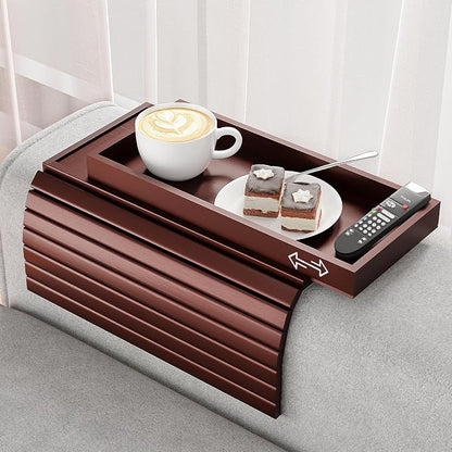 Bestjing Bamboo Sofa Armrest Tray Table for Couch - 2-in-1 Foldable Couch Arm Table with Be Slide Detachable Tray- Anti-Slip Sofa Armchair Caddy for Drinks Cellphone TV Remote Snacks(Walnut)