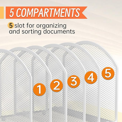 Desk File Organizer 5 Sections Desktop Organizer File Sorter Office Organization File Folder Holder for Office School & Classroom (White, 5 Section - 1Pack)
